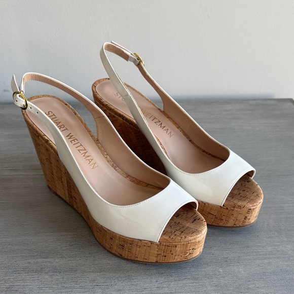Stuart Weitzman Riviera White Cork Wedge Sandals 11 - Picture 6 of 7